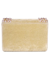 Gold clutch bag named Classic Stone Embellished Clutch, featuring artificial beads detailing and soft 0 texture | Peora
