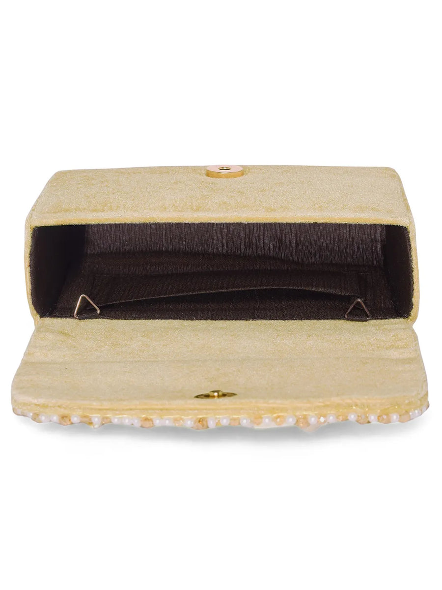 Gold clutch bag named Classic Stone Embellished Clutch, featuring artificial beads detailing and soft 0 texture | Peora
