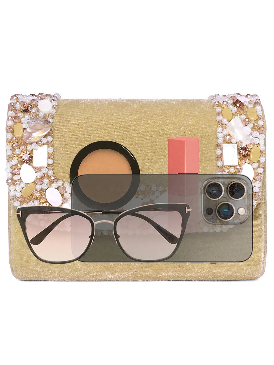 Gold clutch bag named Classic Stone Embellished Clutch, featuring artificial beads detailing and soft 0 texture | Peora
