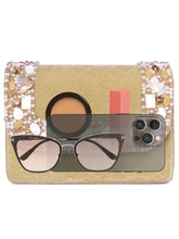Gold clutch bag named Classic Stone Embellished Clutch, featuring artificial beads detailing and soft 0 texture | Peora
