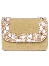 Gold clutch bag named Classic Stone Embellished Clutch, featuring artificial beads detailing and soft 0 texture | Peora
