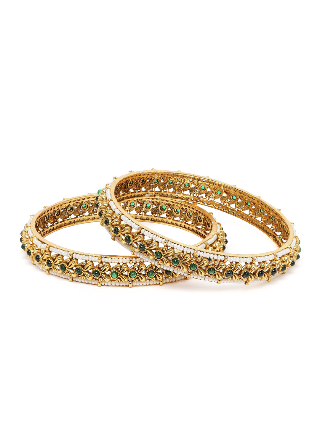 Grand Textured Finish Bangle Set in Green featuring Faux Kundan & Beads bangle set 
