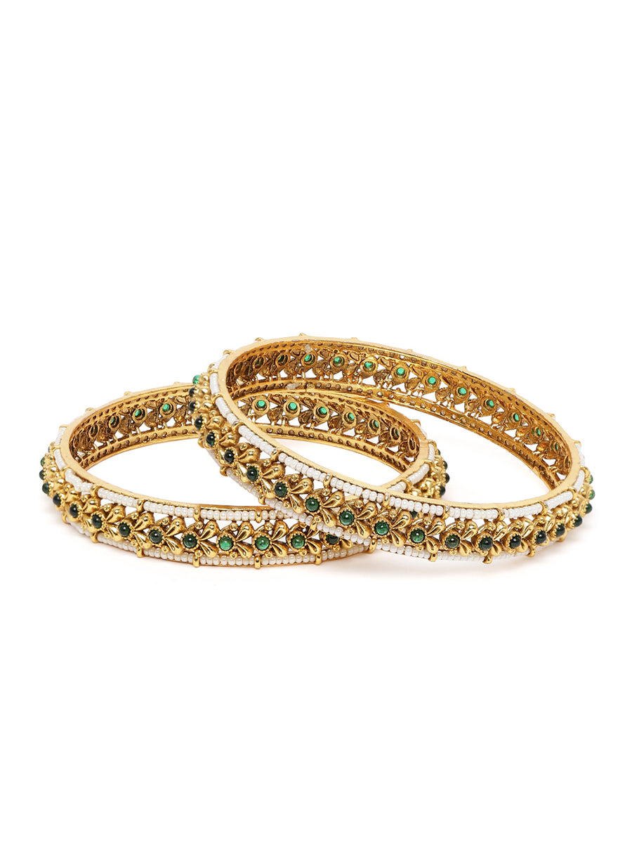 Grand Textured Finish Bangle Set in Green featuring Faux Kundan & Beads bangle set 
