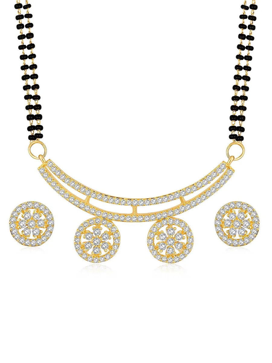 Stunning Dazzling CZ Mangalsutra Set. A set of CZ Mangalsutra jewellery and earrings, with gold-colour plating and black beads.
