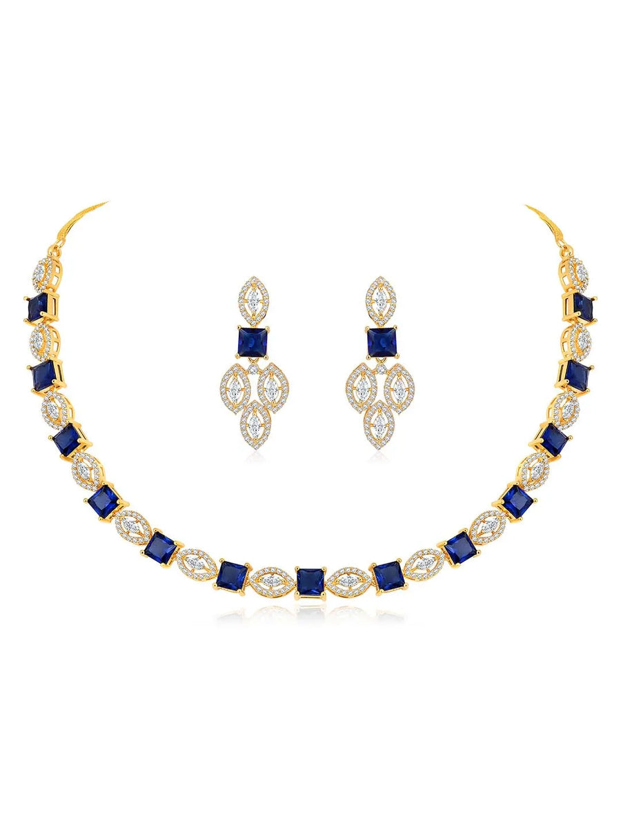 Classic CZ Necklace and Earrings Set. Gold Plated, Blue stones, Cz stones with pair of earrings.