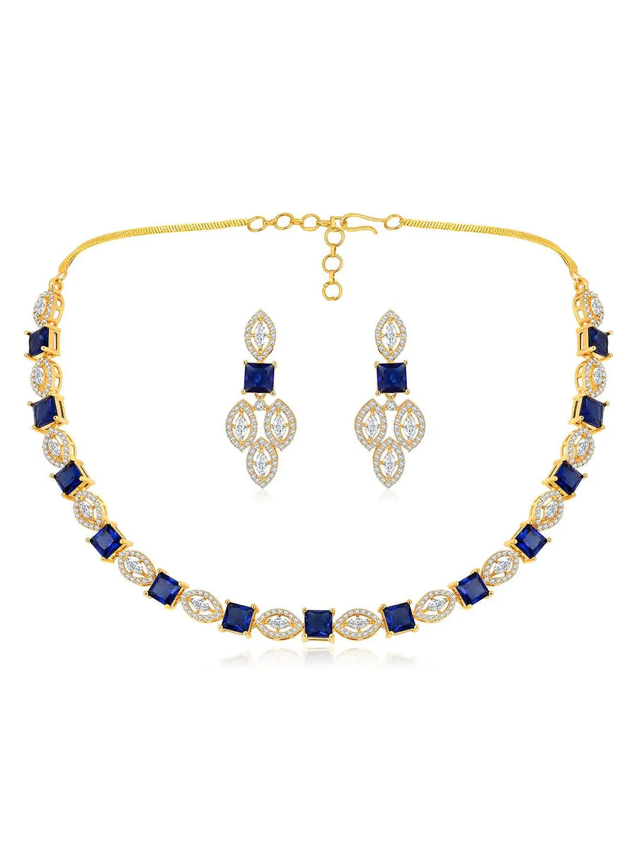 Classic CZ Necklace and Earrings Set. Gold Plated, Blue stones, Cz stones with pair of earrings.