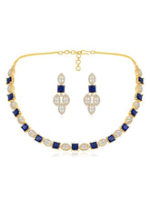 Classic CZ Necklace and Earrings Set. Gold Plated, Blue stones, Cz stones with pair of earrings.
