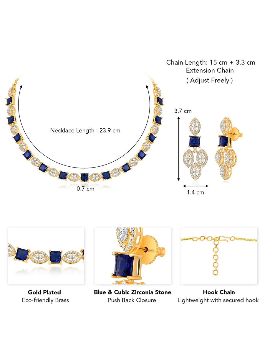 Classic CZ Necklace and Earrings Set. Gold Plated, Blue stones, Cz stones with pair of earrings.