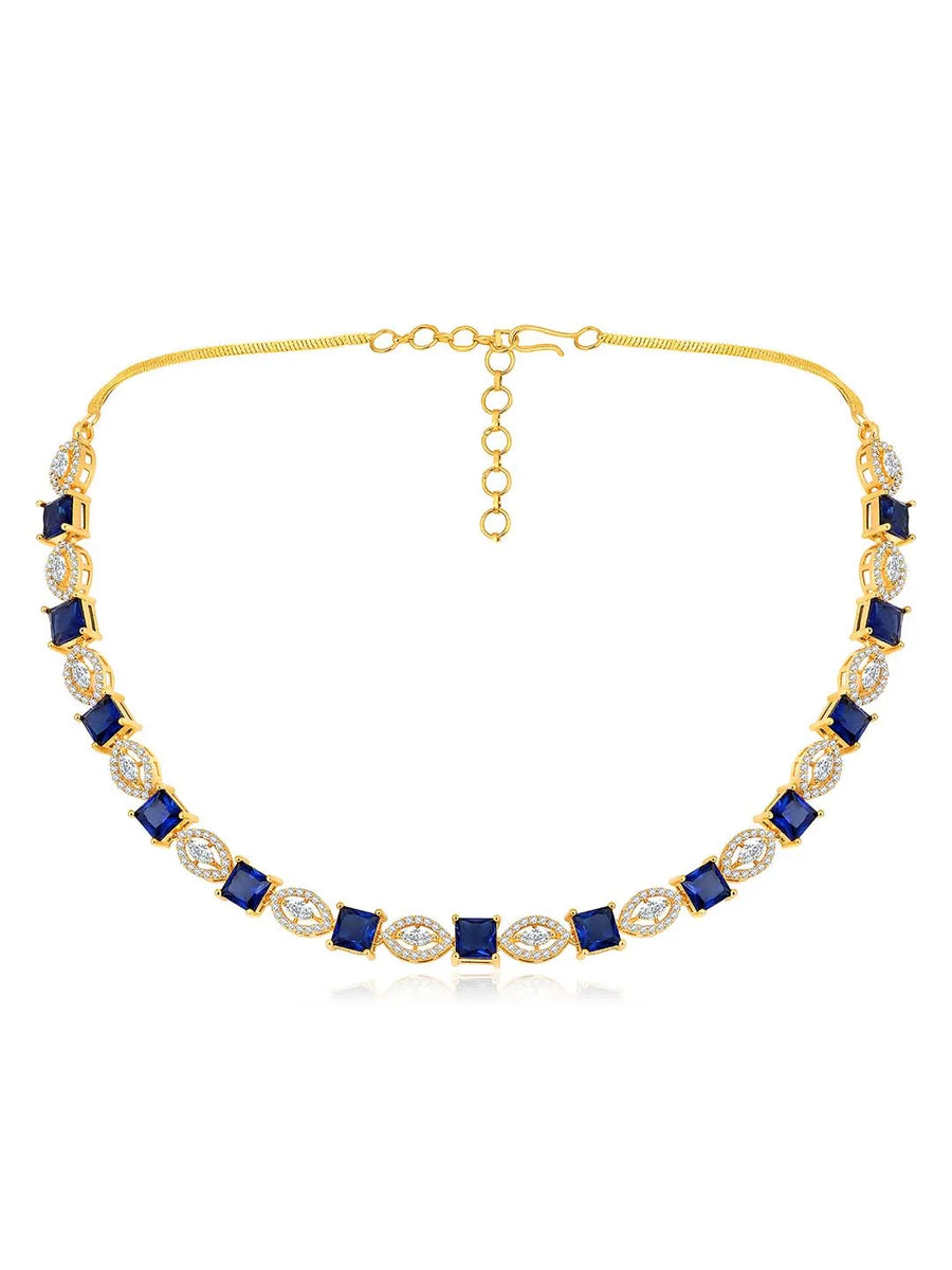 Classic CZ Necklace and Earrings Set. Gold Plated, Blue stones, Cz stones with pair of earrings.