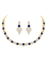 Classic CZ Necklace and Earrings Set. Gold Plated, Blue stones, Cz stones with pair of earrings.