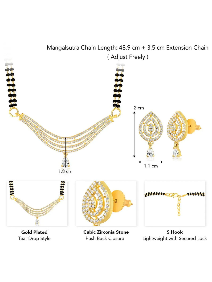 CZ Studded Traditional Mangalsutra Set. A traditional mangalsutra set with black beads and gold-color plating, zirconia stones, & matching earrings.