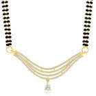 CZ Studded Traditional Mangalsutra Set. A traditional mangalsutra set with black beads and gold-color plating, zirconia stones, & matching earrings.