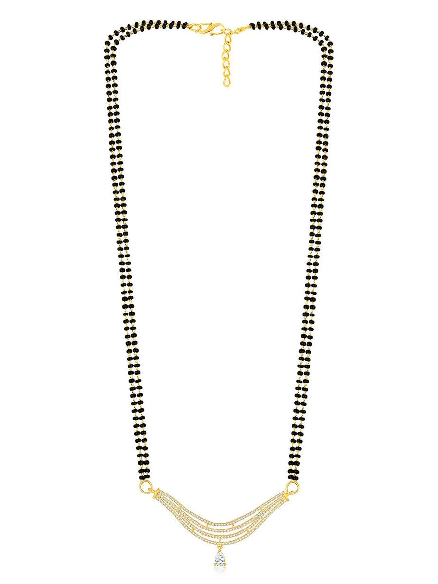 CZ Studded Traditional Mangalsutra Set. A traditional mangalsutra set with black beads and gold-color plating, zirconia stones, & matching earrings.