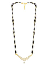 CZ Studded Traditional Mangalsutra Set. A traditional mangalsutra set with black beads and gold-color plating, zirconia stones, & matching earrings.