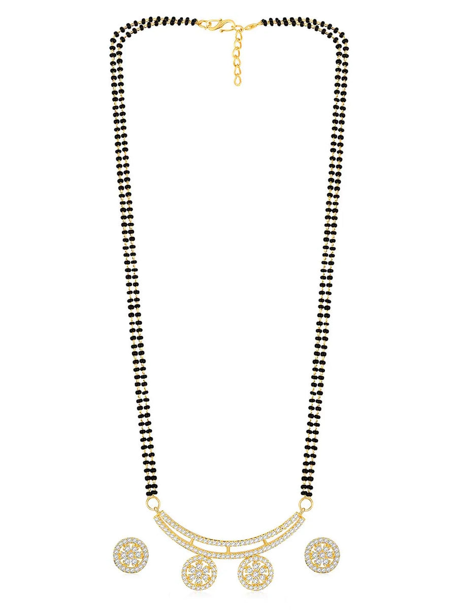 Stunning Dazzling CZ Mangalsutra Set. A set of CZ Mangalsutra jewellery and earrings, with gold-colour plating and black beads.