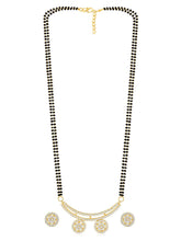 Stunning Dazzling CZ Mangalsutra Set. A set of CZ Mangalsutra jewellery and earrings, with gold-colour plating and black beads.