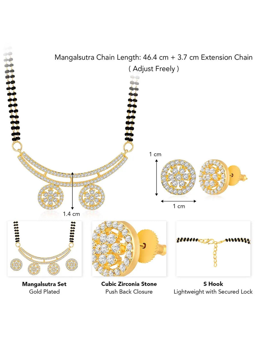 Stunning Dazzling CZ Mangalsutra Set. A set of CZ Mangalsutra jewellery and earrings, with gold-colour plating and black beads.