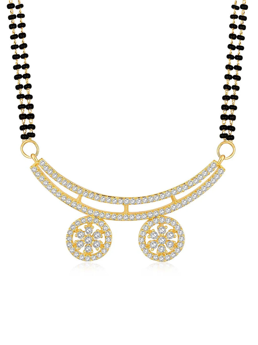 Stunning Dazzling CZ Mangalsutra Set. A set of CZ Mangalsutra jewellery and earrings, with gold-colour plating and black beads.