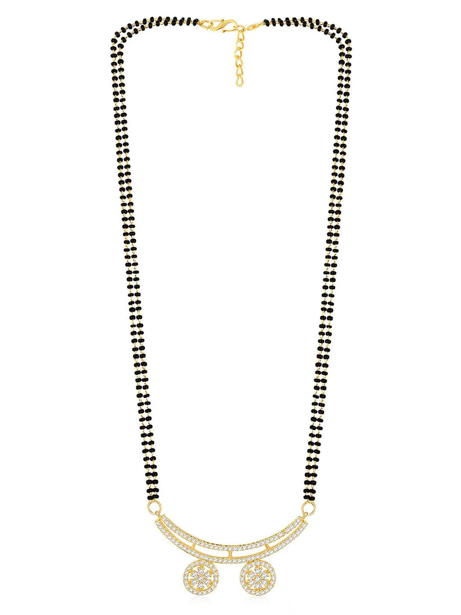 Stunning Dazzling CZ Mangalsutra Set. A set of CZ Mangalsutra jewellery and earrings, with gold-colour plating and black beads.