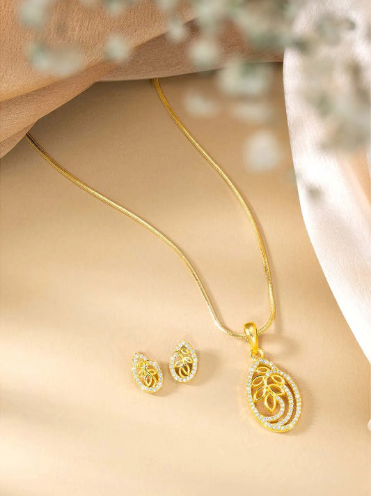 Timeless Divine Droplets CZ Pendant Set. Gold-plating pendant necklace and earrings set, leaf accent with cubic zirconia stones by Peora.