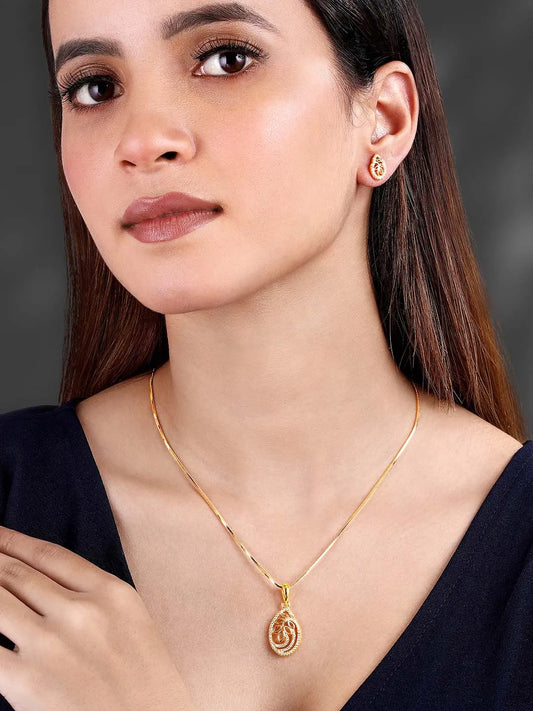 Timeless Divine Droplets CZ Pendant Set. Gold-plating pendant necklace and earrings set, leaf accent with cubic zirconia stones by Peora.