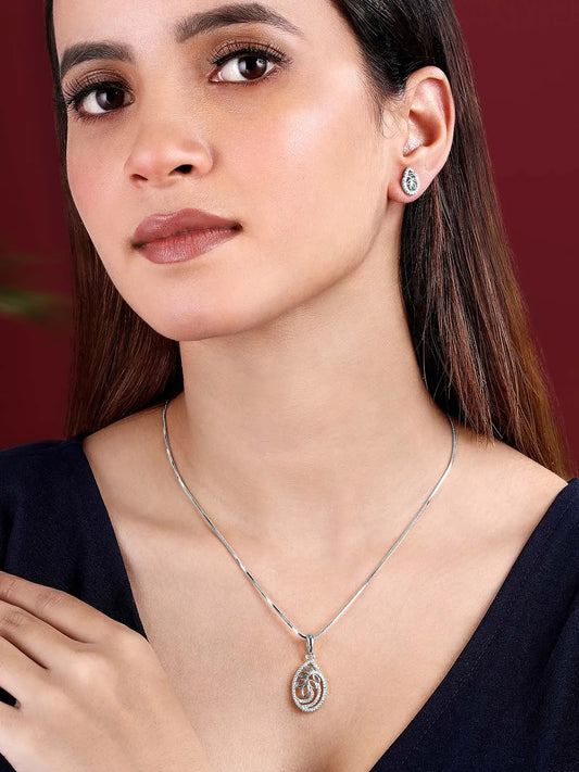 Timeless Divine Droplets CZ Pendant Set. Silver-plating pendant necklace and earrings set, leaf accent with cubic zirconia stones by Peora.