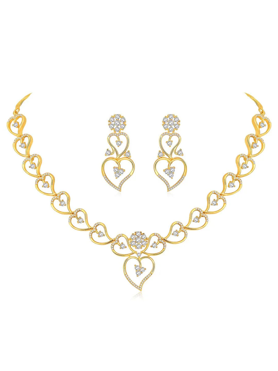 Golden Glamour Dangler CZ Necklace Set. Gold-plated necklace and earrings set with heart shapes and cubic zirconia stones.