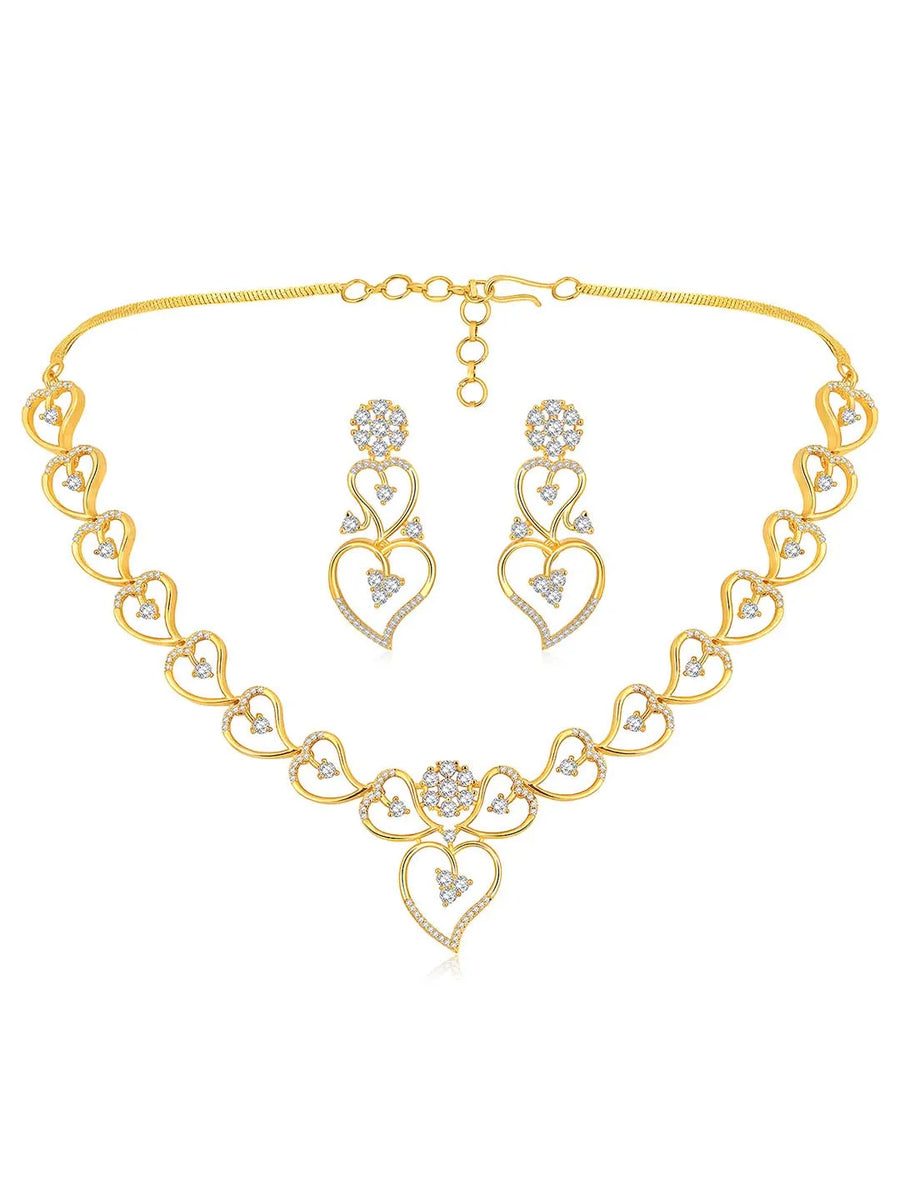 Golden Glamour Dangler CZ Necklace Set. Gold-plated necklace and earrings set with heart shapes and cubic zirconia stones.