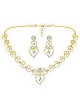 Golden Glamour Dangler CZ Necklace Set. Gold-plated necklace and earrings set with heart shapes and cubic zirconia stones.