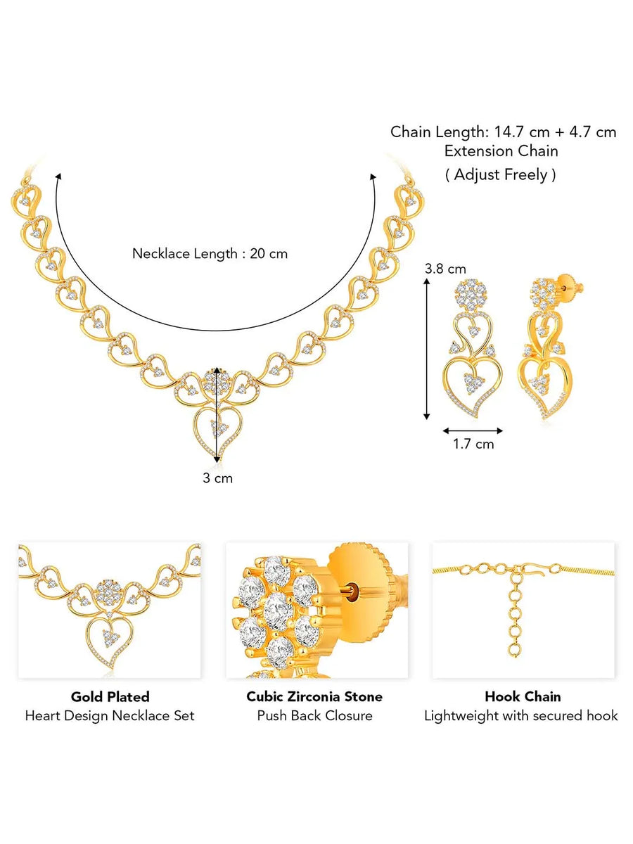 Golden Glamour Dangler CZ Necklace Set. Gold-plated necklace and earrings set with heart shapes and cubic zirconia stones.