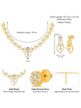 Golden Glamour Dangler CZ Necklace Set. Gold-plated necklace and earrings set with heart shapes and cubic zirconia stones.