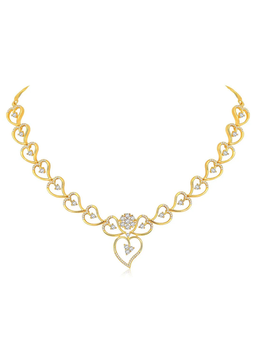 Golden Glamour Dangler CZ Necklace Set. Gold-plated necklace and earrings set with heart shapes and cubic zirconia stones.