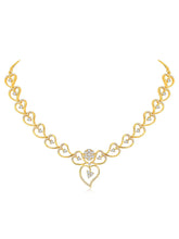 Golden Glamour Dangler CZ Necklace Set. Gold-plated necklace and earrings set with heart shapes and cubic zirconia stones.