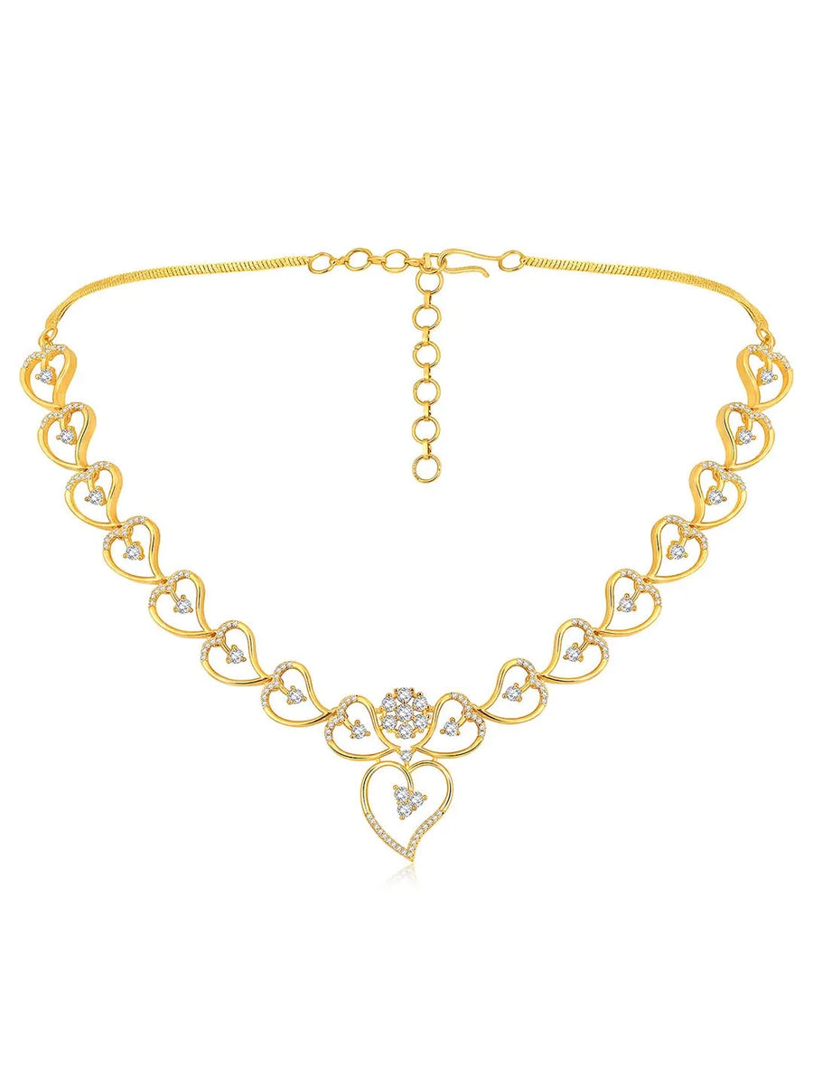 Golden Glamour Dangler CZ Necklace Set. Gold-plated necklace and earrings set with heart shapes and cubic zirconia stones.