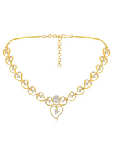 Golden Glamour Dangler CZ Necklace Set. Gold-plated necklace and earrings set with heart shapes and cubic zirconia stones.