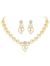 Golden Glamour Dangler CZ Necklace Set. Gold-plated necklace and earrings set with heart shapes and cubic zirconia stones.