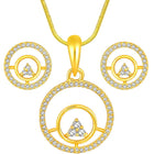 Elegant CZ Round Pendant Orbit Set. Gold-plated pendant necklace and a pair of earrings with a round pendant & CZ stones.