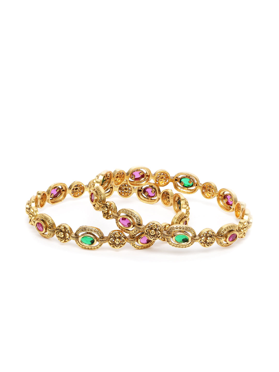 Ornate Charm Kada Bangles Collection  in Gold - Rani Pink Green featuring Faux Kundan bangle set 
