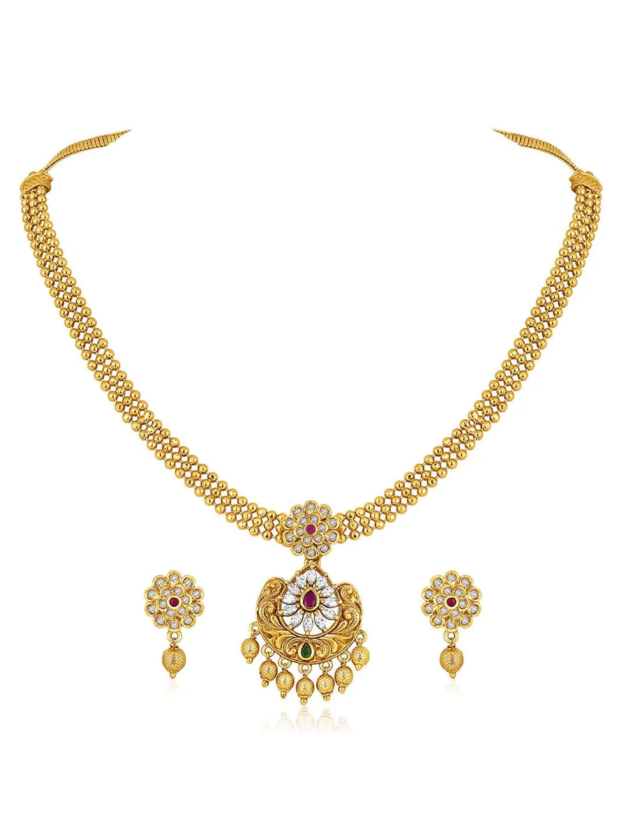 Luxurious Golden Glamour Necklace Set. Necklace set with floral patterns and pink, green & white stones.