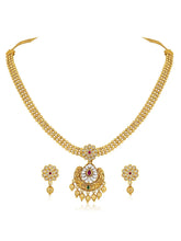 Luxurious Golden Glamour Necklace Set. Necklace set with floral patterns and pink, green & white stones.