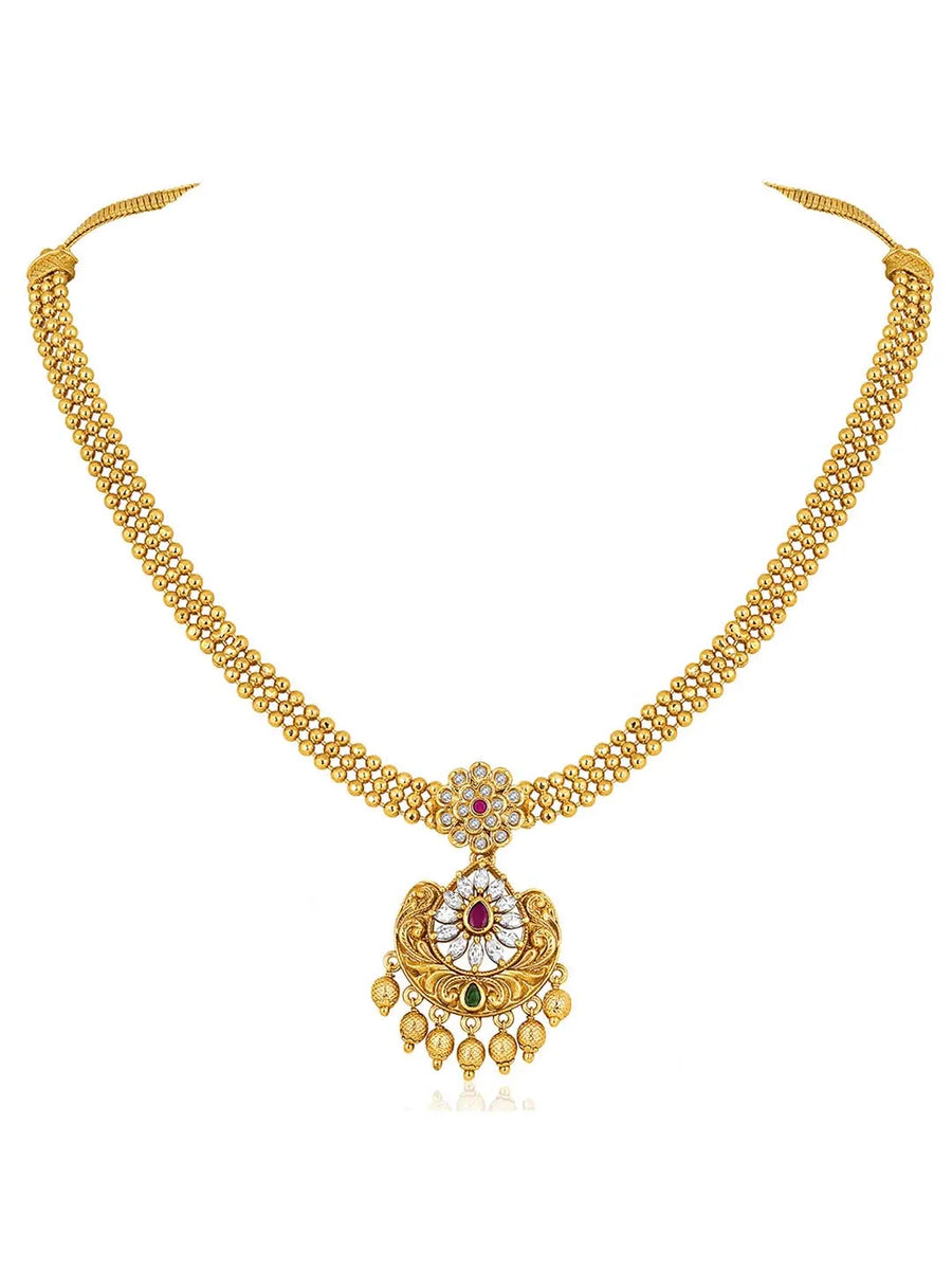 Luxurious Golden Glamour Necklace Set. Necklace set with floral patterns and pink, green & white stones.