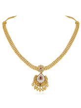 Luxurious Golden Glamour Necklace Set. Necklace set with floral patterns and pink, green & white stones.