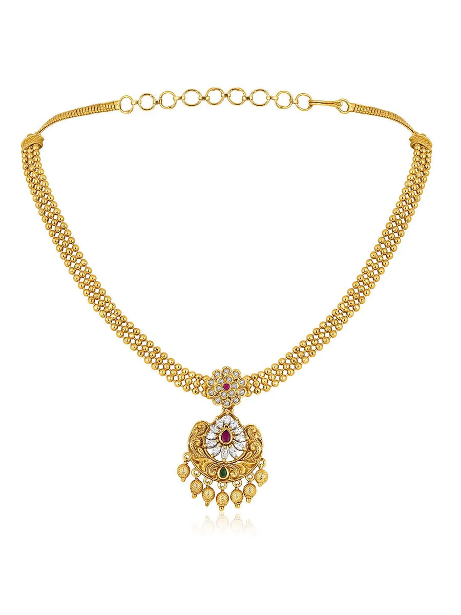 Luxurious Golden Glamour Necklace Set. Necklace set with floral patterns and pink, green & white stones.