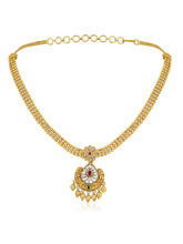 Luxurious Golden Glamour Necklace Set. Necklace set with floral patterns and pink, green & white stones.