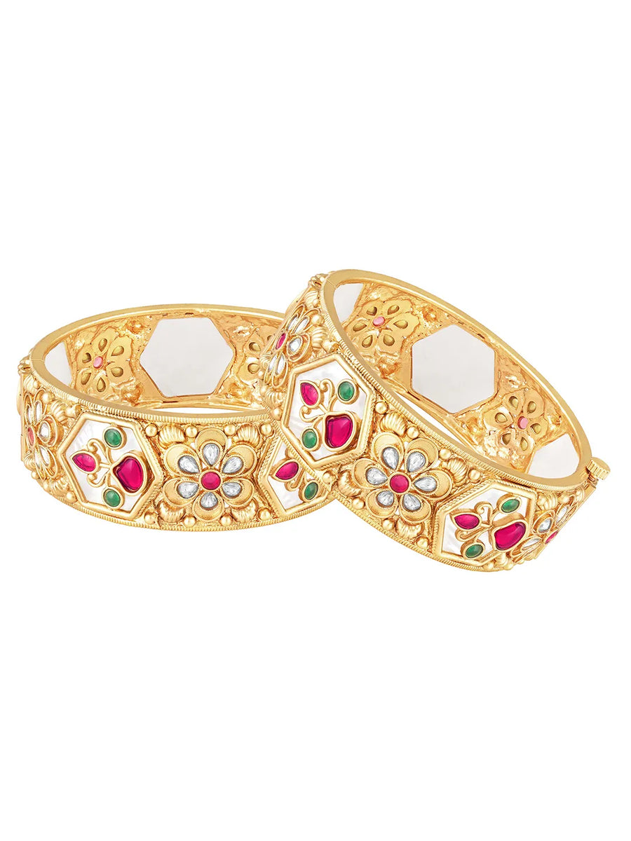 Gold - Rani Pink Green bangles crafted from brass, adorned with faux ruby for an elegant, timeless look | Peora
