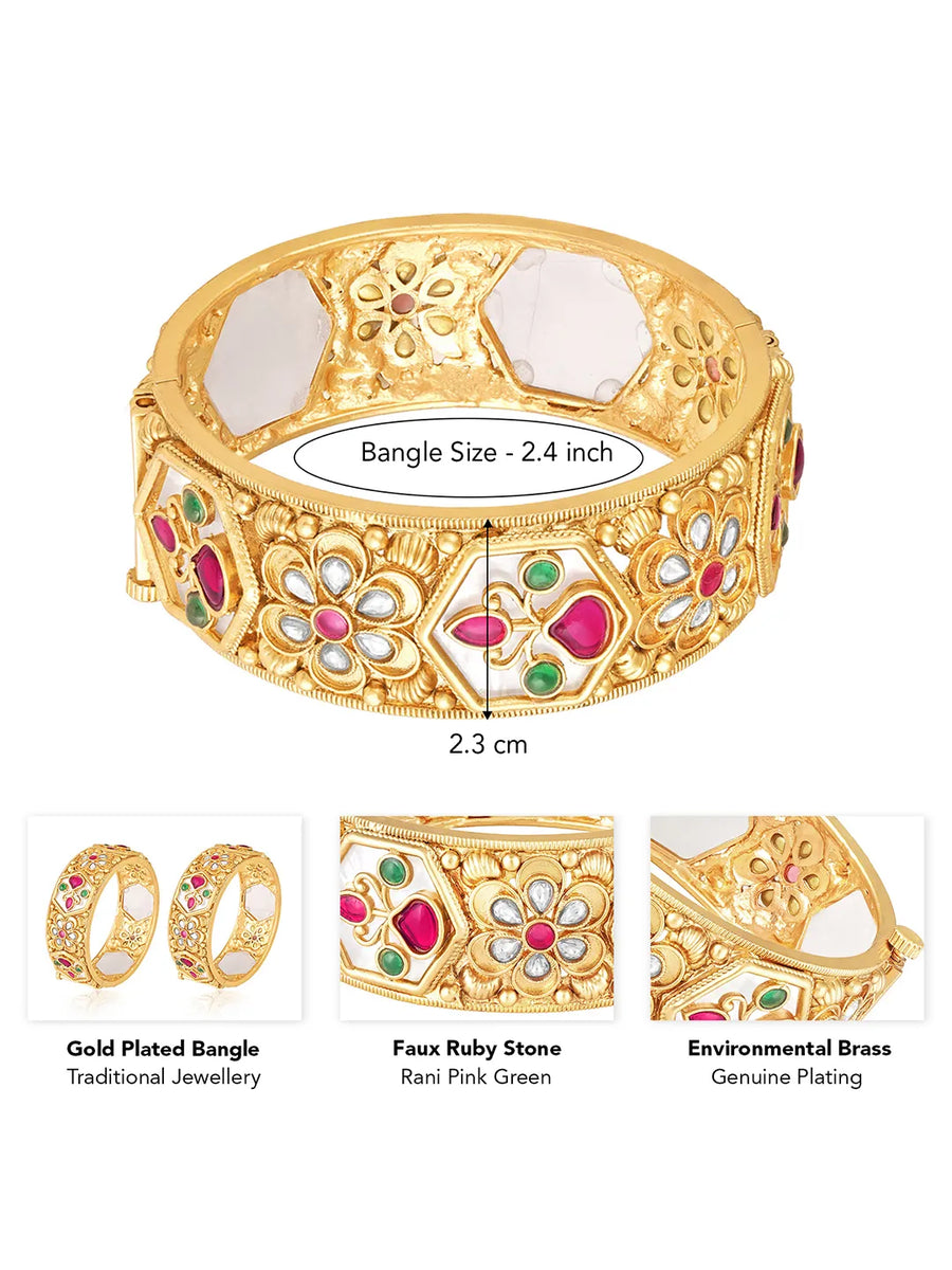Gold - Rani Pink Green bangles crafted from brass, adorned with faux ruby for an elegant, timeless look | Peora
