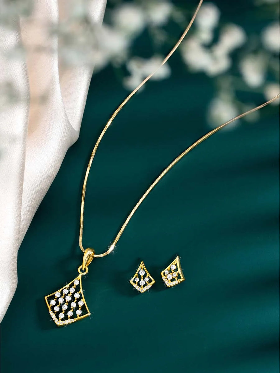 Sparkling Rhombus CZ Pendant Set by Peora. Gold-colored pendant set with a rhombus-shaped design with earrings & CZ stones.