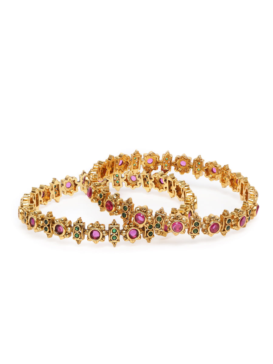Graceful Bangles in Floral Stone Craft in Gold - Rani Pink Green featuring Faux Kundan bangle set 
