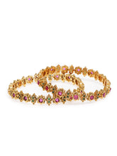Graceful Bangles in Floral Stone Craft in Gold - Rani Pink Green featuring Faux Kundan bangle set 
