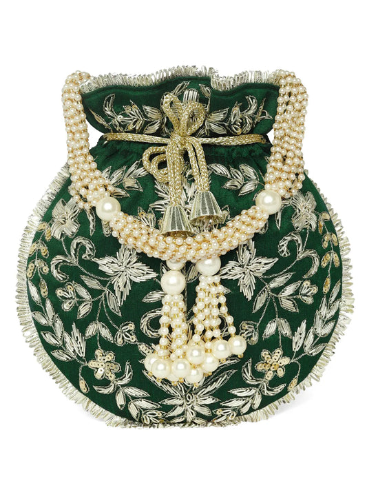 Green potli bag named Embroidered Potli with Floral Charm, featuring artificial beads detailing and soft fabric texture | Peora
